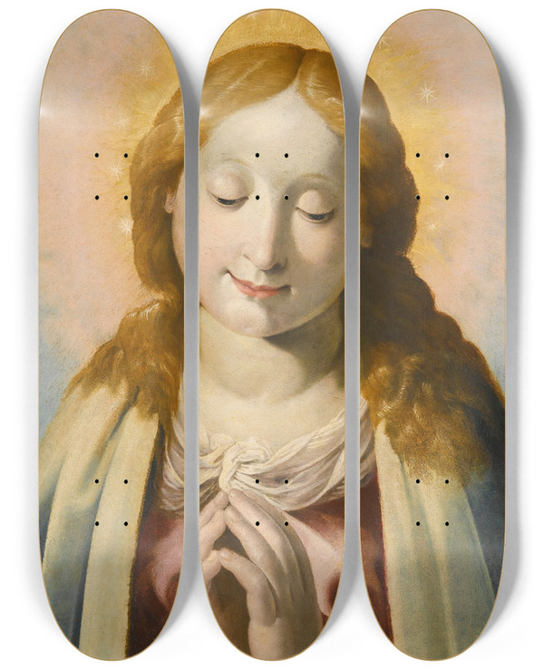 Triptych art skateboard deck of Lombard School The Virgin At Prayer by Lombard School
