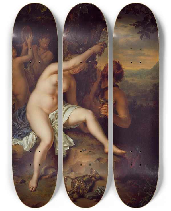 Triptych art skateboard deck of Willem Van Mieris Bacchanalian Scene by Willem Van Mieris (1662-1747)