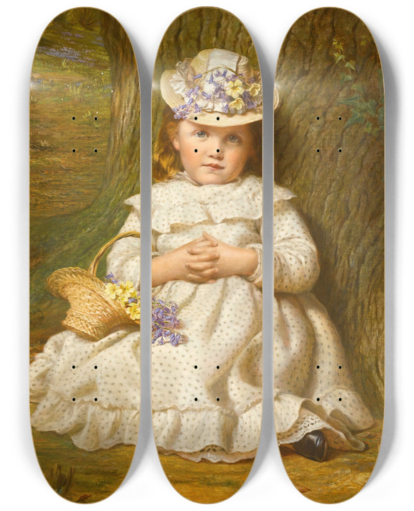 Triptych art skateboard deck of Samuel Sidley Primroses And Bluebells by Samuel Sidley (1829-1896)