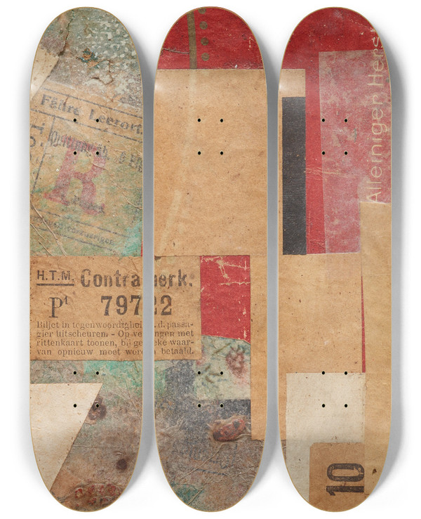 Triptych art skateboard deck of Kurt Schwitters Ohne Titel Contramerk by Kurt Schwitters (1887-1948)