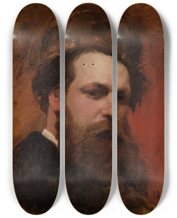 Triptych art skateboard deck of Ferdinand Keller Selfportrait With Fur Hat by Ferdinand Keller (1842-1922)
