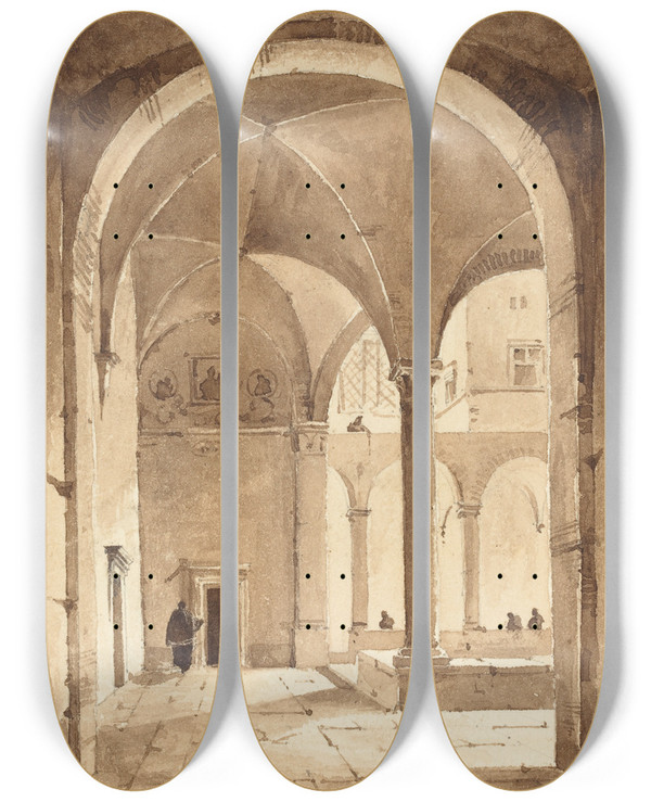 Triptych art skateboard deck of Franoismarius Granet A Cloister by Franois-Marius Granet (1775-1849)