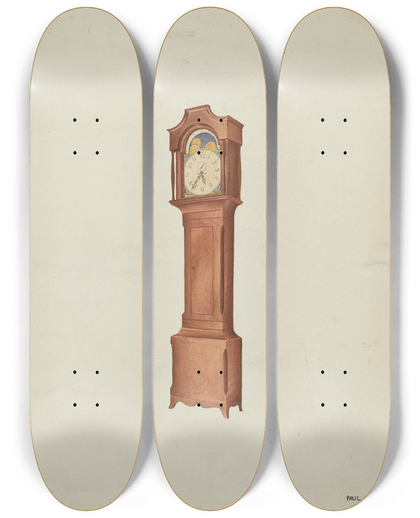 Triptych art skateboard deck of William Paul Childers Shaker Tall Clock by William Paul Childers
