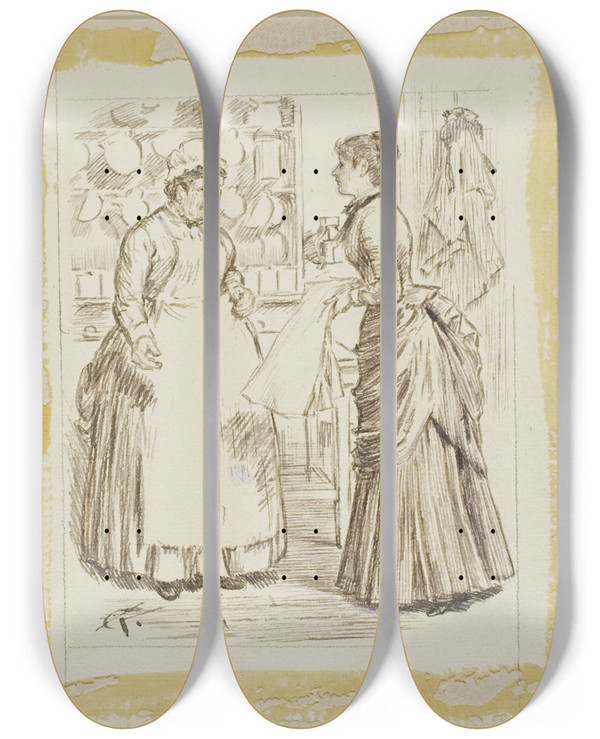 Triptych art skateboard deck of Charles Samuel Keene In The Kitchen by Charles Samuel Keene (1823-1891)