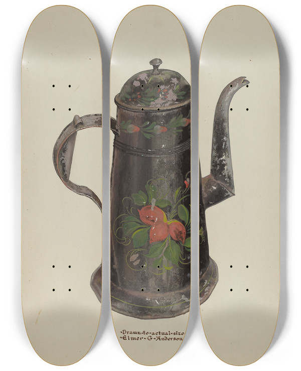 Triptych art skateboard deck of Elmer G Anderson Toleware Tin Coffee Pot by Elmer G Anderson