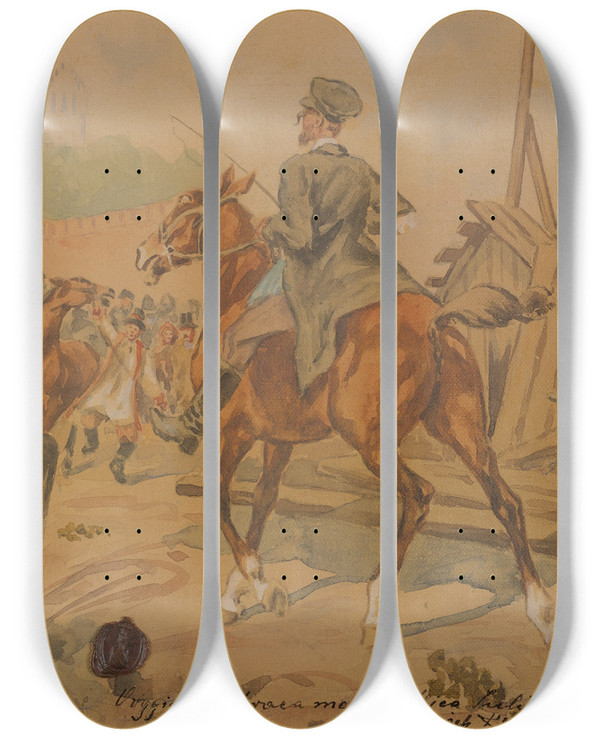 Triptych art skateboard deck of Juliusz Kossak Rider On Horseback by Juliusz Kossak (1824-1899)