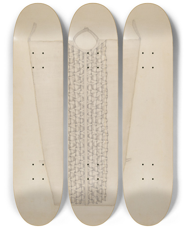 Triptych art skateboard deck of Mae Szilvasy Shirt Front by Mae Szilvasy