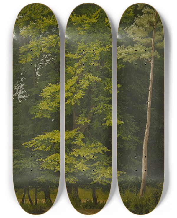 Triptych art skateboard deck of Christian Heerdt Broadleaf Forest Study In Oil_1 by Christian Heerdt (1812-1878)