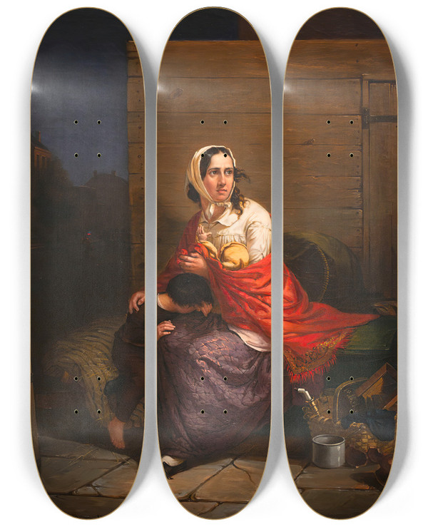 Triptych art skateboard deck of Charles F Blauvelt Burnt Out by Charles F Blauvelt (1824-1900)