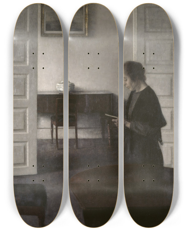 Triptych art skateboard deck of Vilhelm Hammershi Interior With A Reading Lady by Vilhelm Hammershoi (1864-1916)