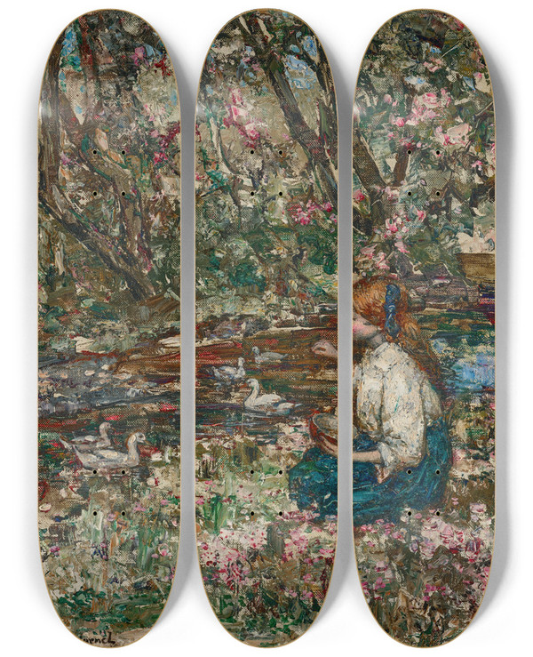 Triptych art skateboard deck of Edward Atkinson Hornel Feeding The Ducks by Edward Atkinson Hornel (1864-1933)