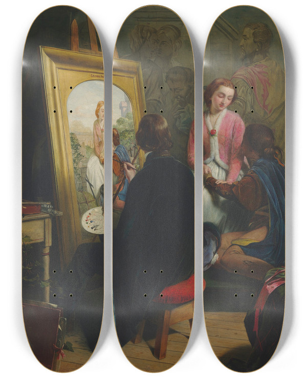Triptych art skateboard deck of Henry Nelson Oneil The Two Extremes The Preraphaelite by Henry Nelson Oneil (1817-1880)