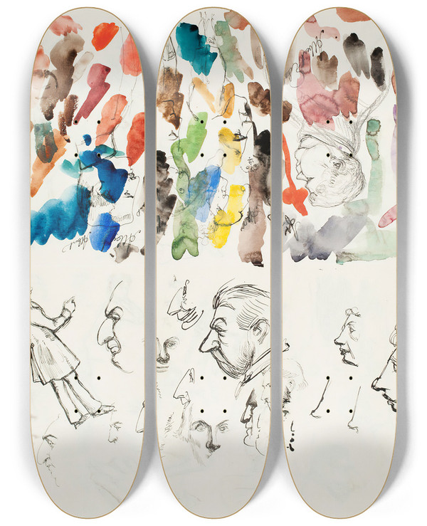 Triptych art skateboard deck of Albert Edelfelt Caricatures by Albert Edelfelt (1854-1905)