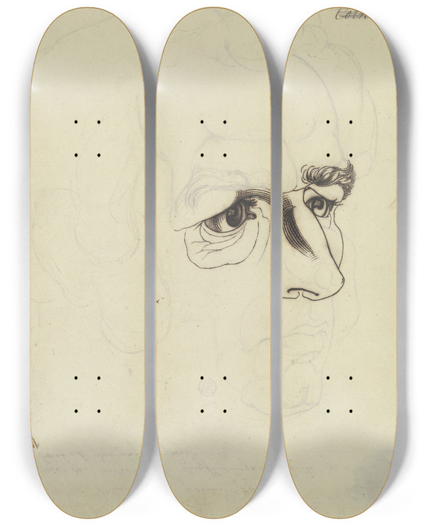 Triptych art skateboard deck of Eugen Eduard Schffer Male Head by Eugen Eduard Schaffer (1802-1871)
