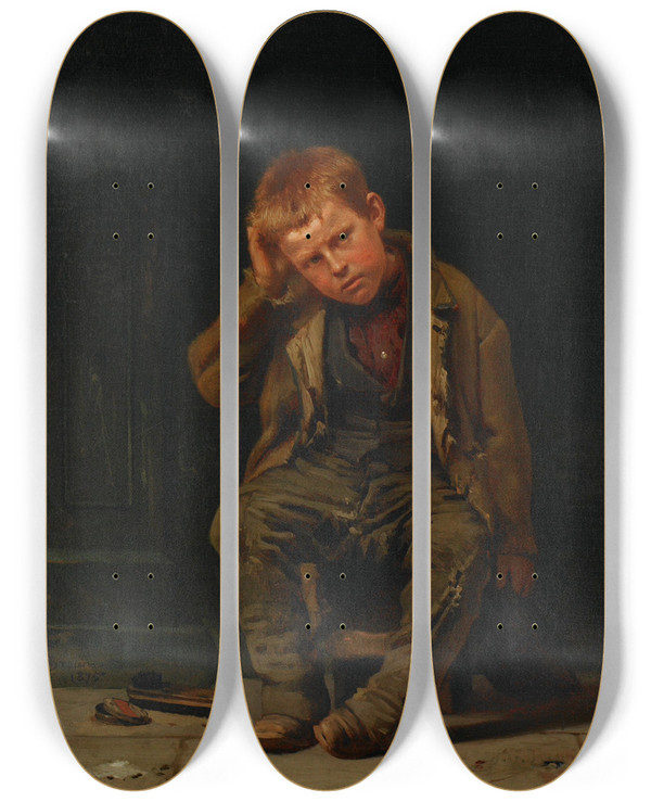 Triptych art skateboard deck of John George Brown This Corner Dont Pay by John George Brown (1831-1913)