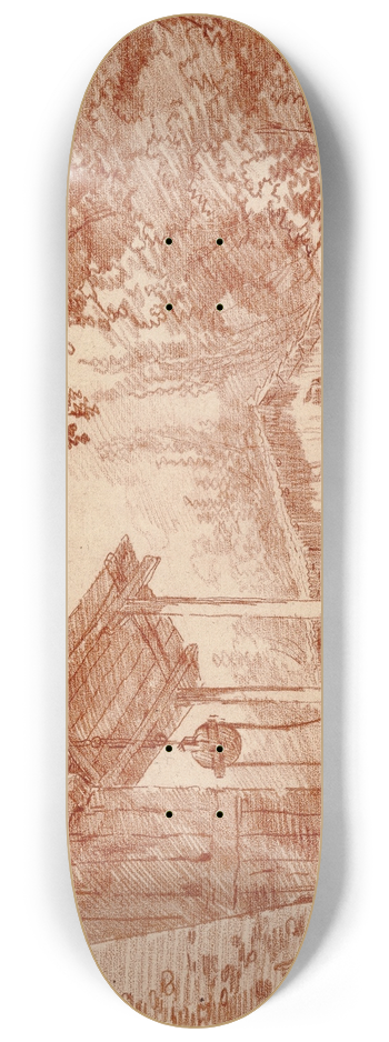 Hubert Robert - Farmyard with Two Figures by a Well and a Large Wheelbarrow in the Foreground 8.25 inch art skate deck
