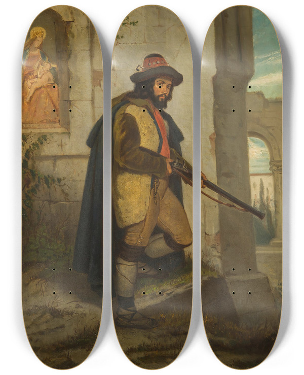 Triptych art skateboard deck of Carl Goebel The Younger A Man With A Rifle by Carl Goebel The Younger (1824-1899)