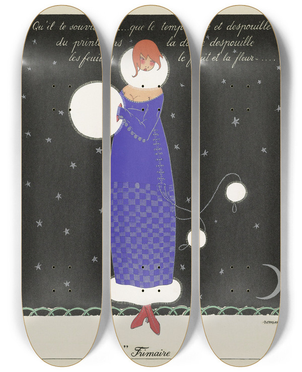 Triptych art skateboard deck of Marthe Romme Les Douze Mois De Lanne Frimaire by Marthe Romme (19-20-)