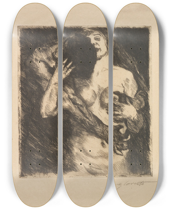 Triptych art skateboard deck of Lovis Corinth Umarmung by Lovis Corinth (1858-1925)