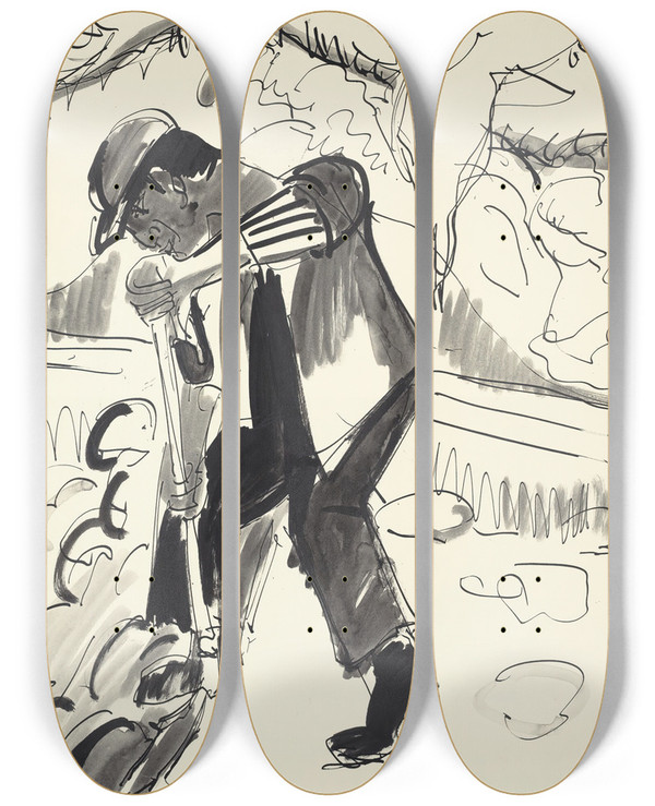 Triptych art skateboard deck of Ernst Ludwig Kirchner Grabender Bauer Digging Peasant by Ernst Ludwig Kirchner (1880-1938)