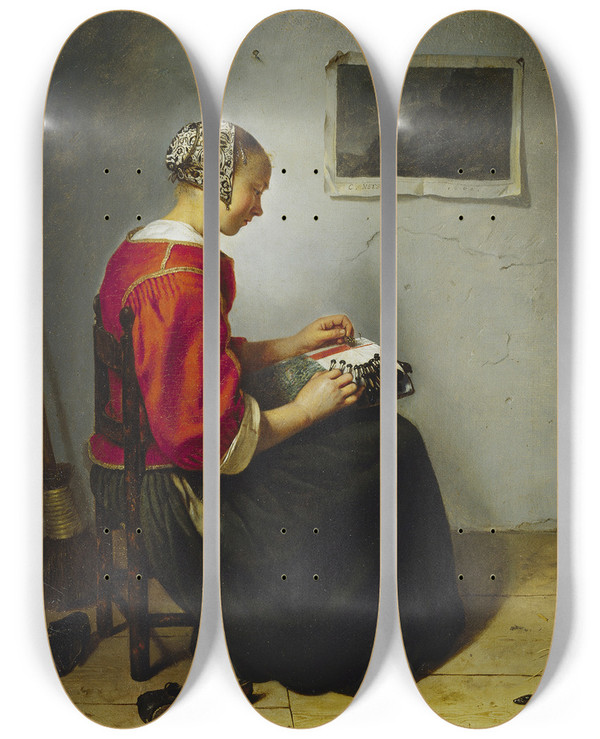 Triptych art skateboard deck of Caspar Netscher The Lace Maker by Caspar Netscher (1639-1684)