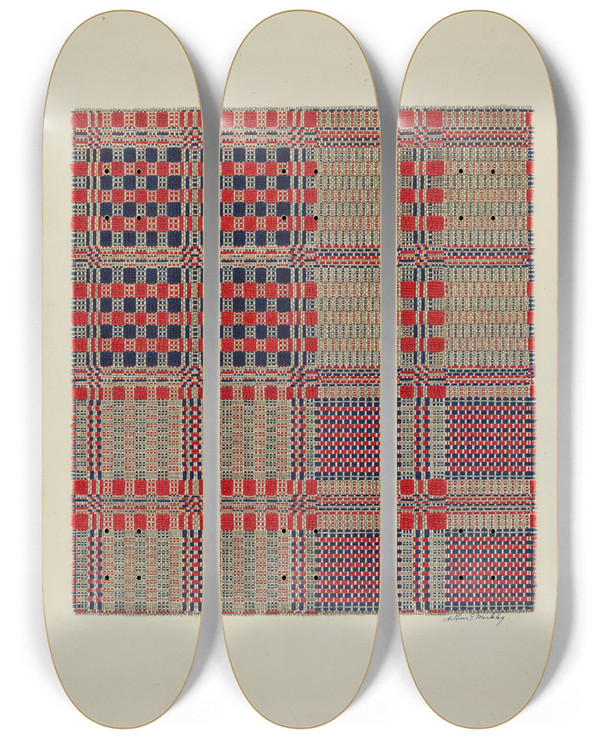 Triptych art skateboard deck of Arthur G Merkley Red White Blue Coverlet by Arthur G Merkley