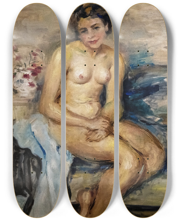Triptych art skateboard deck of Luce Boyals Sitting Nude by Luce Boyals (1892-1946)