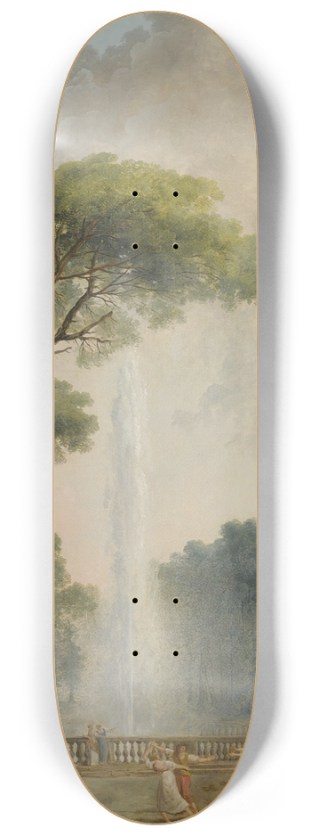 Hubert Robert - View of a garden with a large fountain at center and figures relaxing and dancing in the foreground 8.25 inch art skate deck