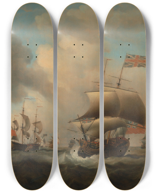 Triptych art skateboard deck of Samuel Scott Shipping In A Choppy Sea by Samuel Scott (1697-1772)