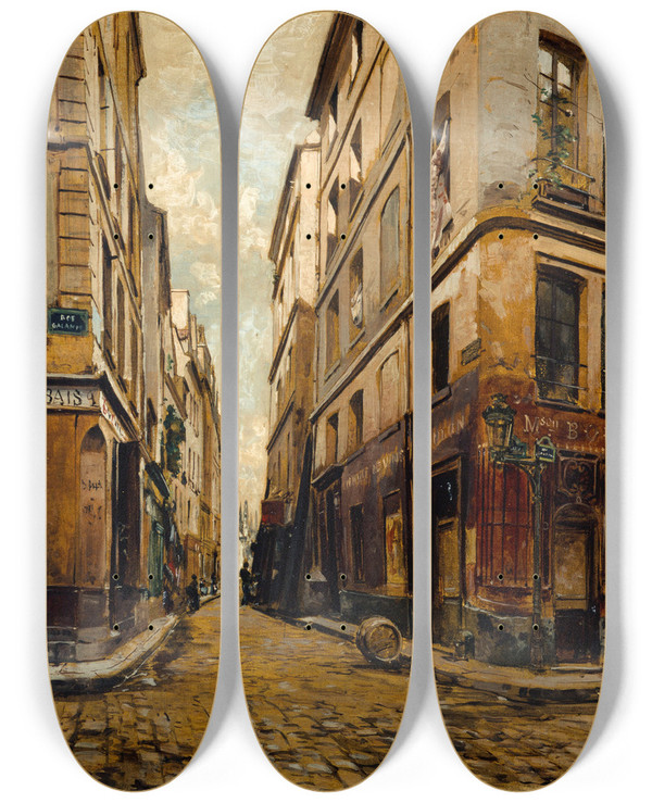 Triptych art skateboard deck of Emmanuel Lansyer La Rue De Lhtelcolbert by Emmanuel Lansyer (1835-1893)