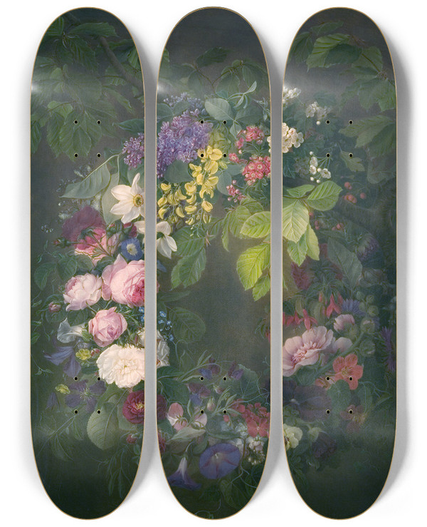 Triptych art skateboard deck of Emma Thomsen En Blomsterkrans by Emma Thomsen (1822-1897)