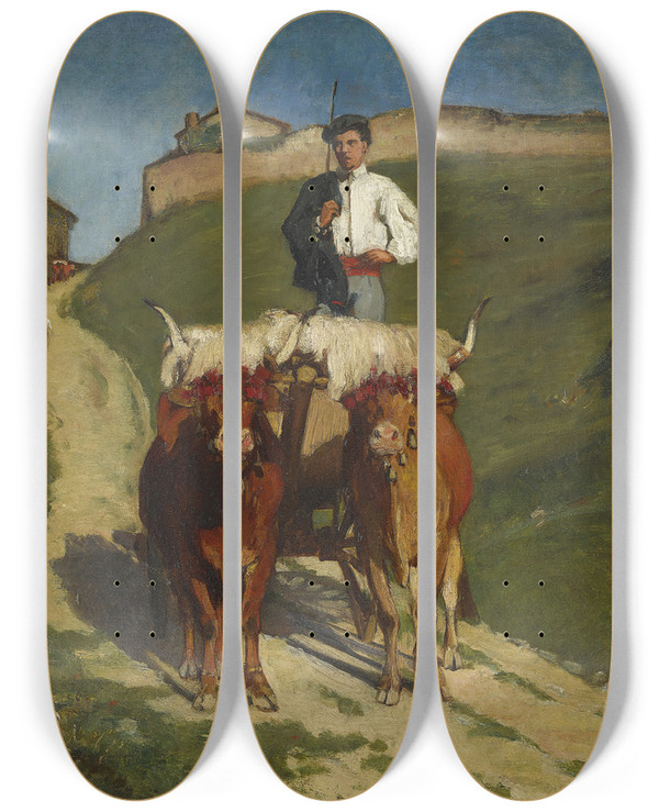 Triptych art skateboard deck of Gustave Henri Colin On To The Basque Celebration by Gustave Henri Colin (1828-1910)