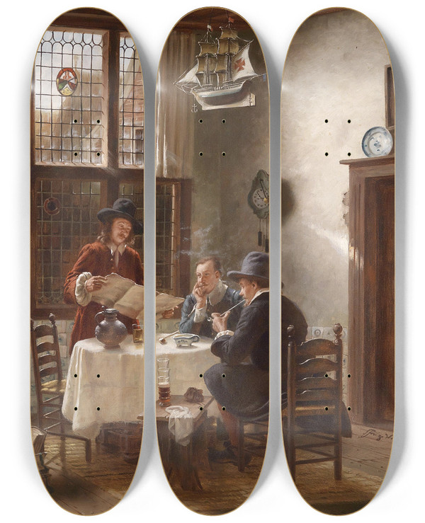 Triptych art skateboard deck of Fritz Wagner Herrenrunde by Fritz Wagner (1896-1939)