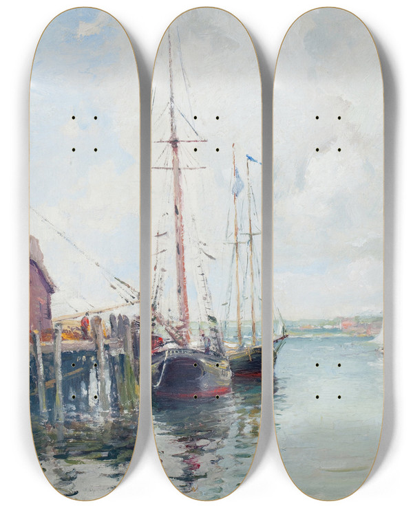 Triptych art skateboard deck of Guy Carleton Wiggins East Gloucester Docks by Guy Carleton Wiggins (1883-1962)