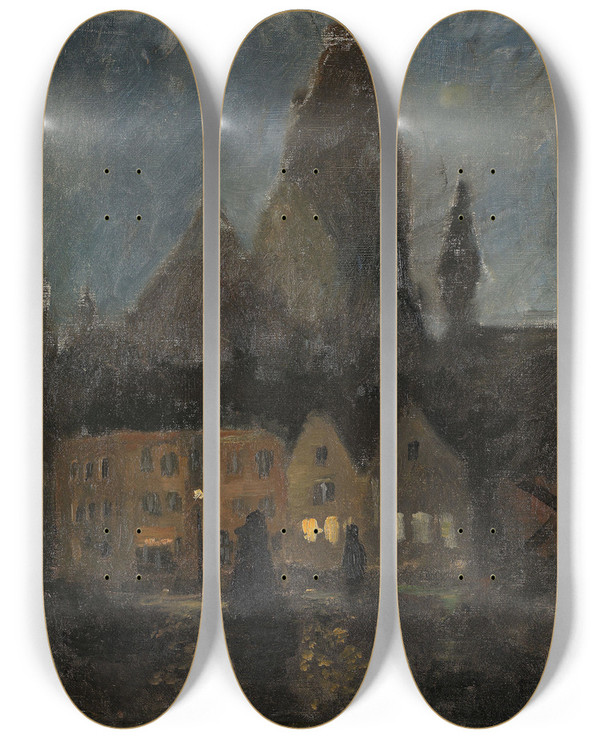 Triptych art skateboard deck of Frits Thaulow Evening In Dieppe by Frits Thaulow (1847-1906)