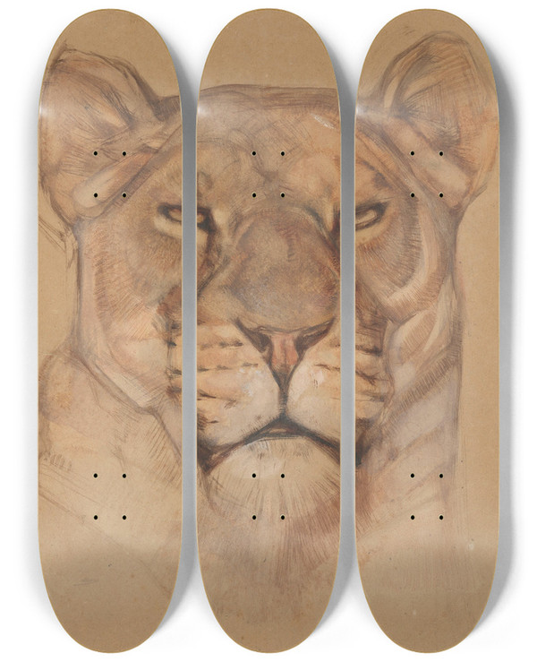 Triptych art skateboard deck of Bernard Willem Wierink Kop Leeuwin by Bernard Willem Wierink (1856-1939)