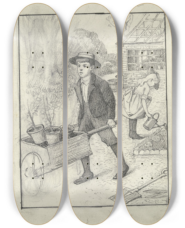 Triptych art skateboard deck of Otto Scholderer Kinder Bei Der Gartenarbeit by Otto Scholderer (1834-1902)