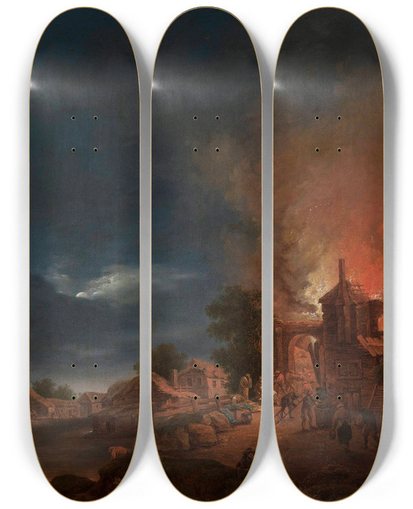 Triptych art skateboard deck of Kazimierz Wan Town On Fire In Summer by Kazimierz Zwan (1792-1858)