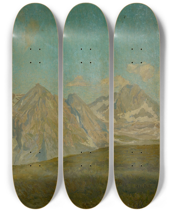 Triptych art skateboard deck of Ernst Schiess Mountains by Ernst Schiess (1872-1919)