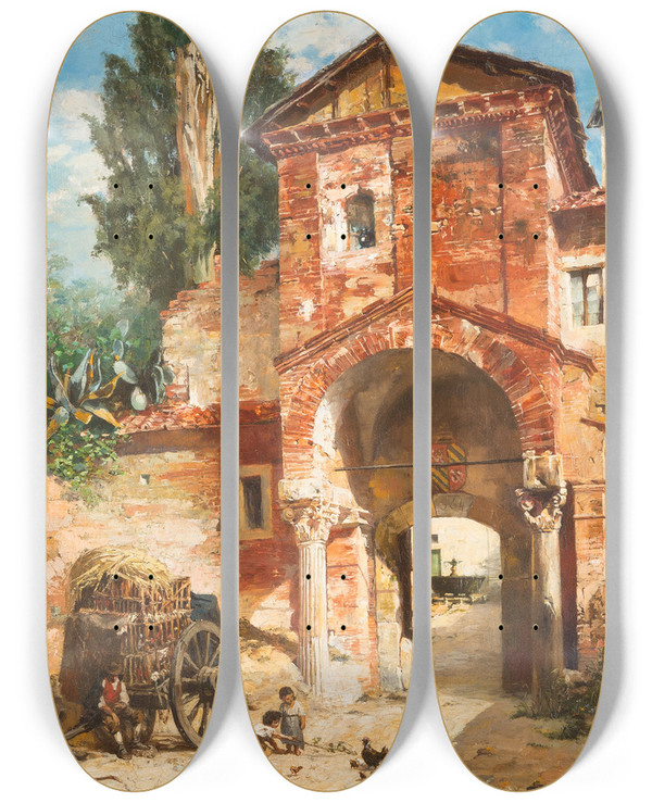 Triptych art skateboard deck of Veronika Maria Herwegenmanini Town Gate In Southern Landscape by Veronika Maria Herwegen Manini (1851-1933)