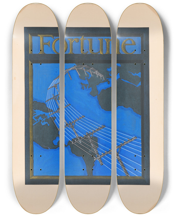 Triptych art skateboard deck of Winold Reiss Graphic Designs For Fortune Magazine Study For Cover With Telephone Lines Spanning The Globe by Winold Reiss (1886-1953)