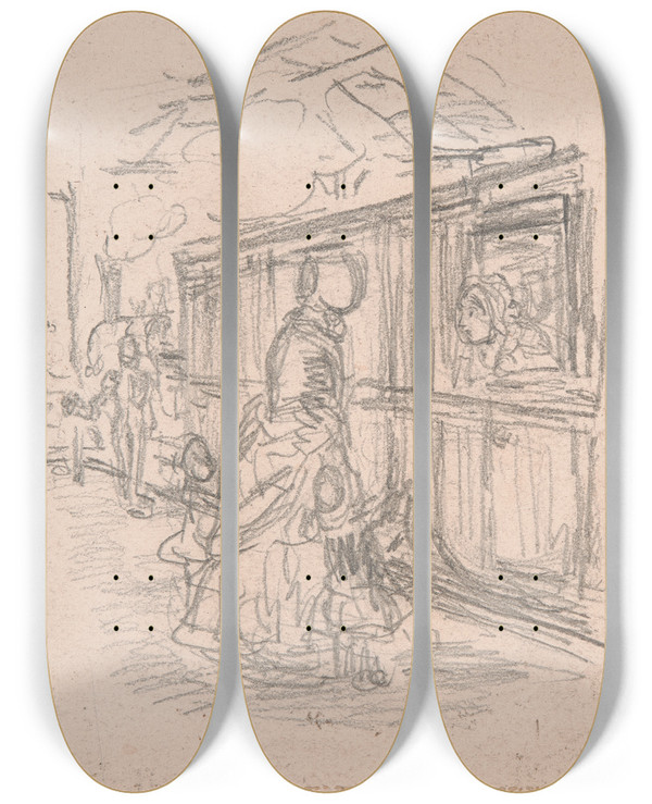 Triptych art skateboard deck of John Leech Boarding A Train by John Leech (1817-1864)