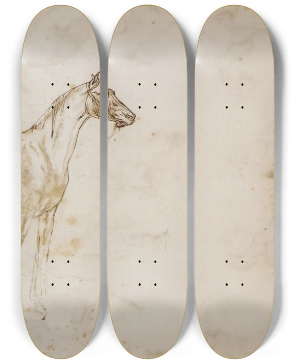 Triptych art skateboard deck of Thodore Gricault Study Of A Horse by Theodore Gericault (1791-1824)