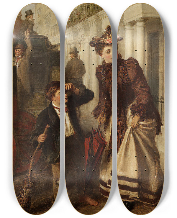 Triptych art skateboard deck of William Powell Frith The Crossing Sweeper_1 by William Powell Frith (1819-1909)