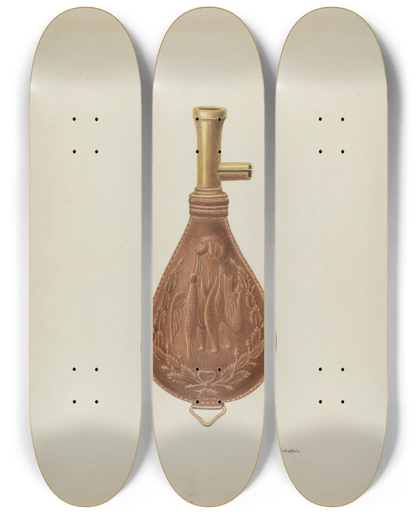 Triptych art skateboard deck of Cornelius Christoffels Powder Flask by Cornelius Christoffels (1879-1960)