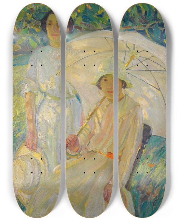 Triptych art skateboard deck of Helen Galloway Mcnicoll White Sunshade 2 by Helen Galloway Mcnicoll (1879-1915)