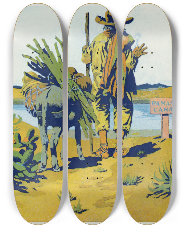 Triptych art skateboard deck of Will Crawford Commercial Progress Blocked by Will Crawford (1869-1944)