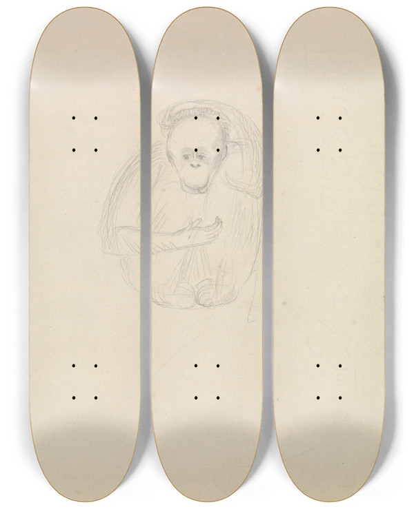 Triptych art skateboard deck of James Sowerby A Chimpanzee by James Sowerby (1757-1822)