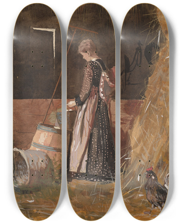 Triptych art skateboard deck of Winslow Homer Fresh Eggs by Winslow Homer (1836-1910)