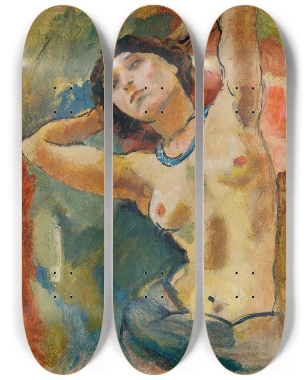 Triptych art skateboard deck of Jules Pascin Brune Au Collier Bleu by Jules Pascin (1885-1930)